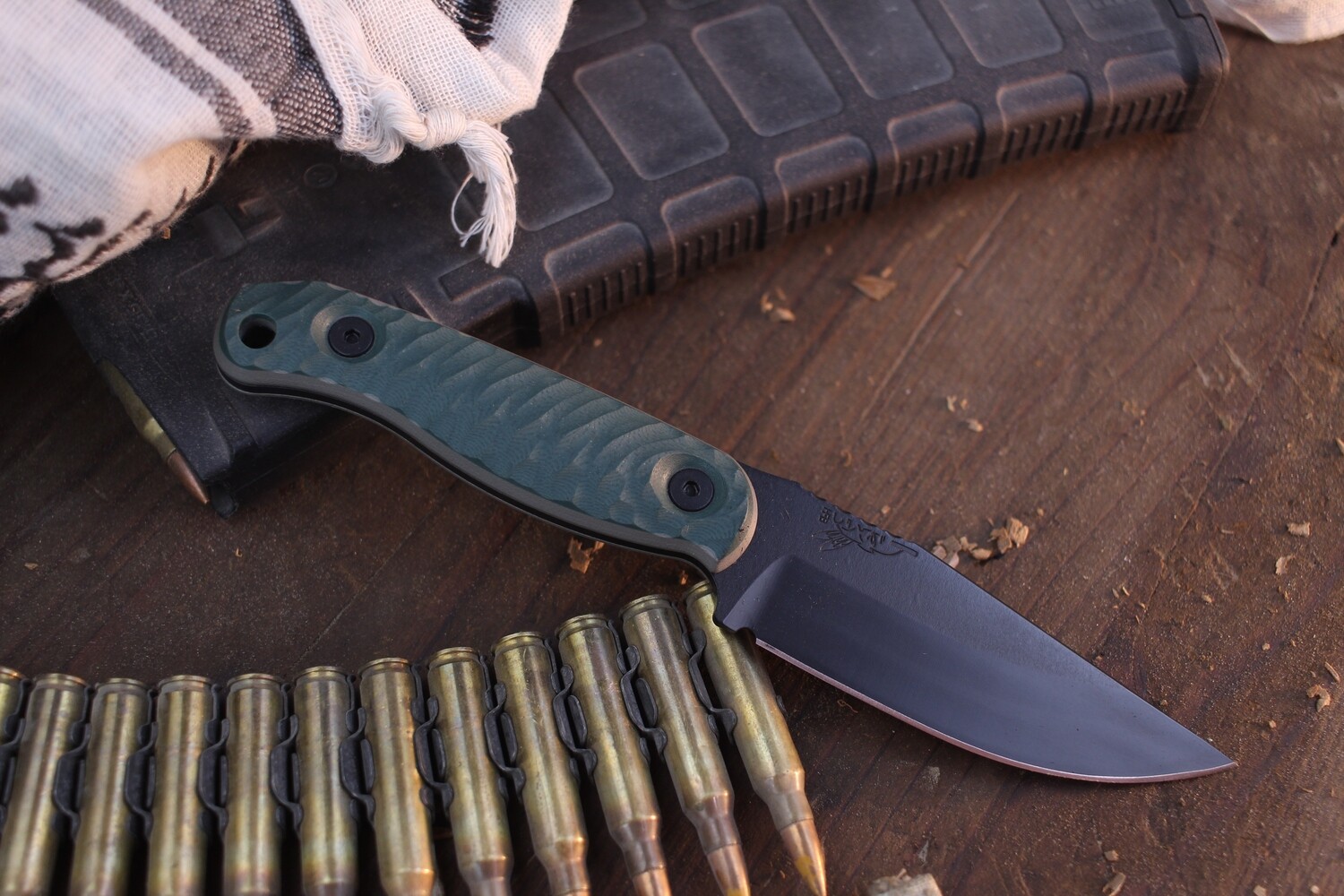 Half Face Blade Featherlight 3.35” Fixed Blade / Forest Green &amp; Gray Stacked G-10 / Black Cerakote S35VN