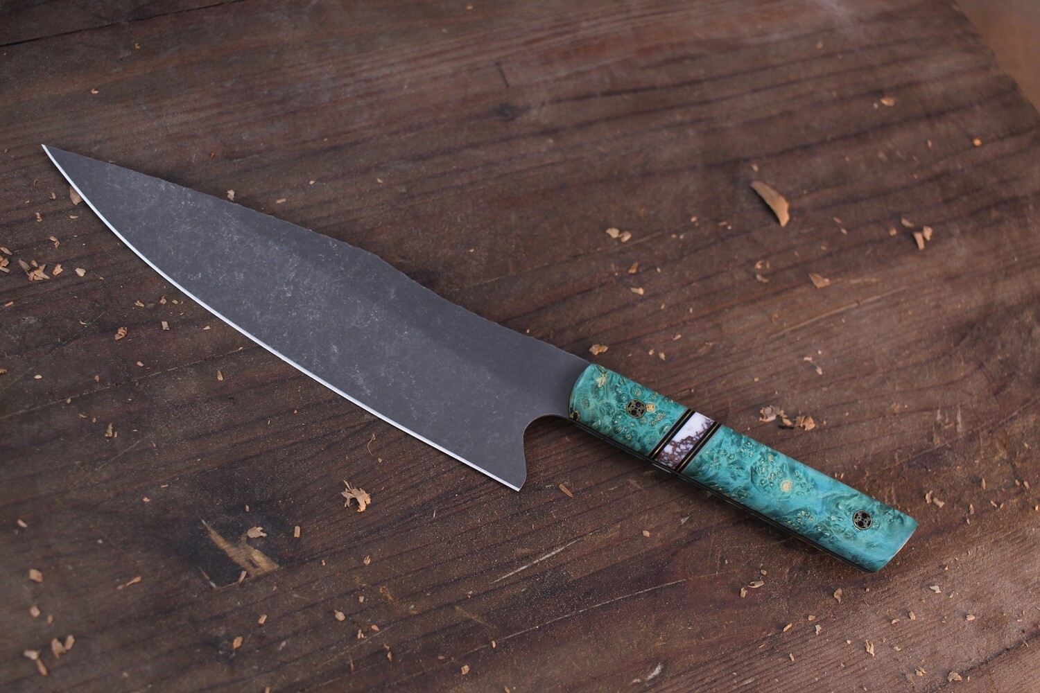 Half Face Blade 8&quot; Chef Knife / Box Elder Burl Split By Copper Web Tru-Stone / Acid Wash S45VN