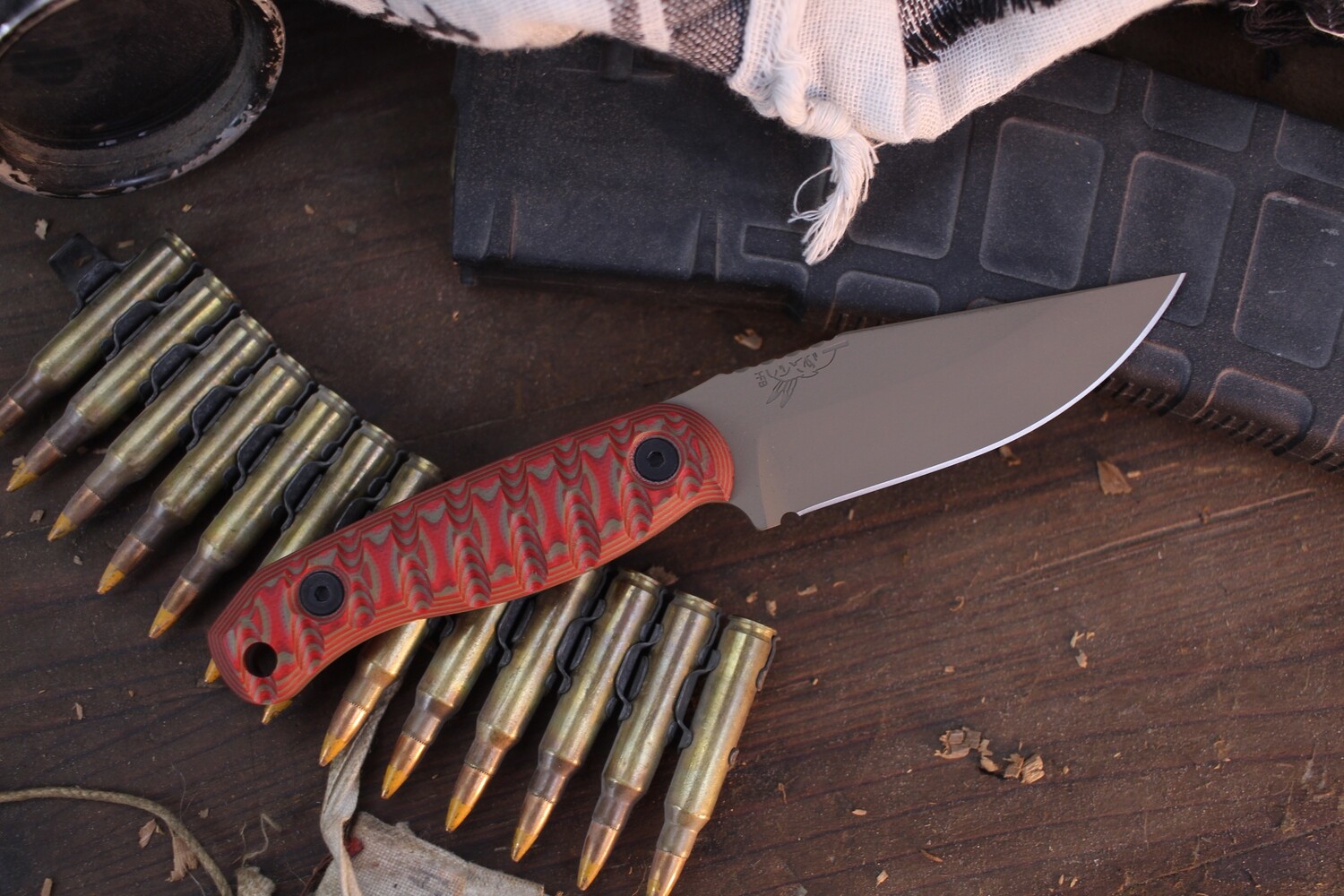 Half Face Blade Featherlight 3.35” Fixed Blade / Red &amp; Tan Stacked G-10 / Flay Dark Earth Cerakote S35VN