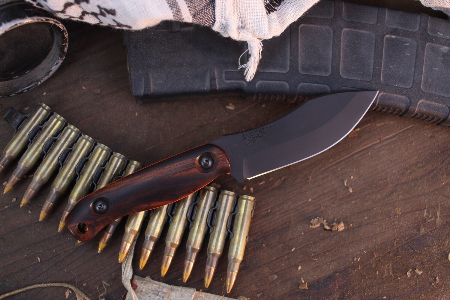 Half Face Blade Skinner Jr. 3.75&quot; Fixed Blade / Arizona Ironwood &amp; Orange G-10 Liners / Black Cerakote S45VN