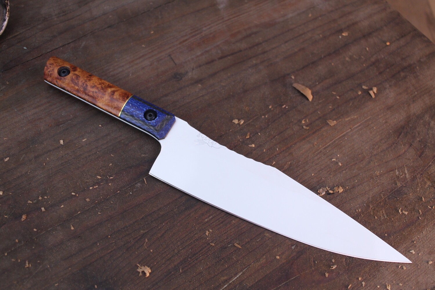 Half Face Blade 8&quot; Chef Knife / Chechen Burl With Blue &amp; Black Carbon Fiber Bolster / White Cerakote S45VN