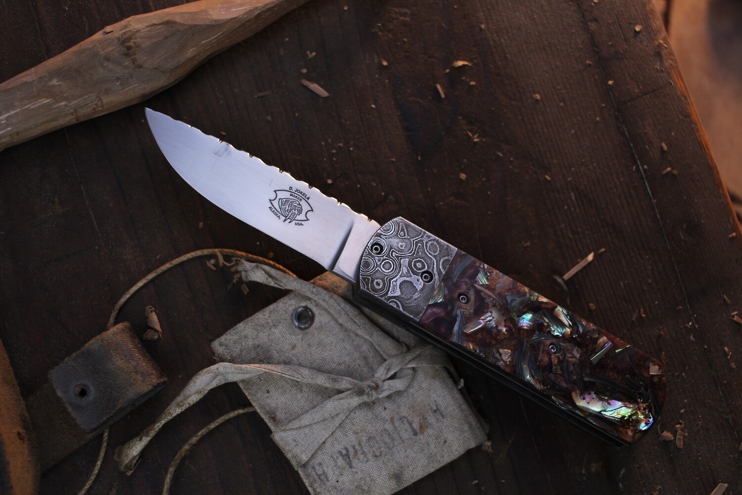 Dennis Jokela The Gentleman 3.25&quot; Friction Folder / Abalone &amp; Resin Scales With Damascus Bolsters / Satin N690