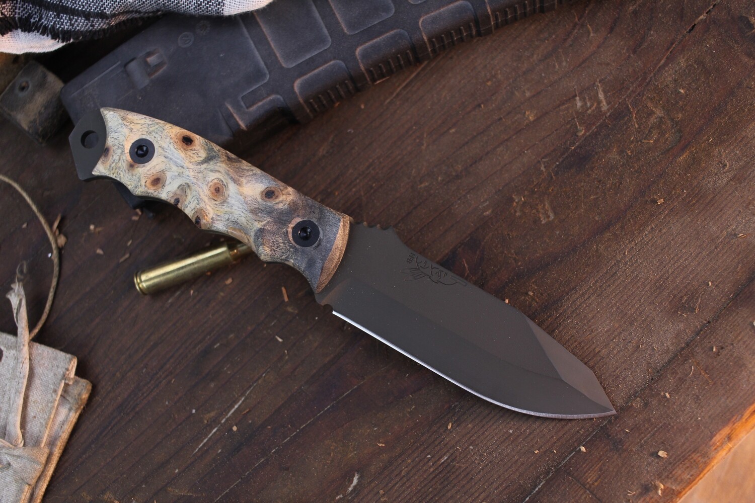 Half Face Blade Disaster Jr. 3.75” Fixed Blade / Contoured Buckeye Burl / OD Green Cerakote CPM-3V