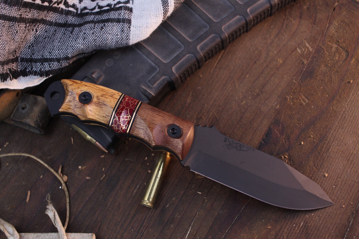 Half Face Blade Disaster Jr. 3.75” Fixed Blade / Mesquite &amp; Spalted Zebra Wood With Brass Tru-Stone / Black Cerakote CPM-3V