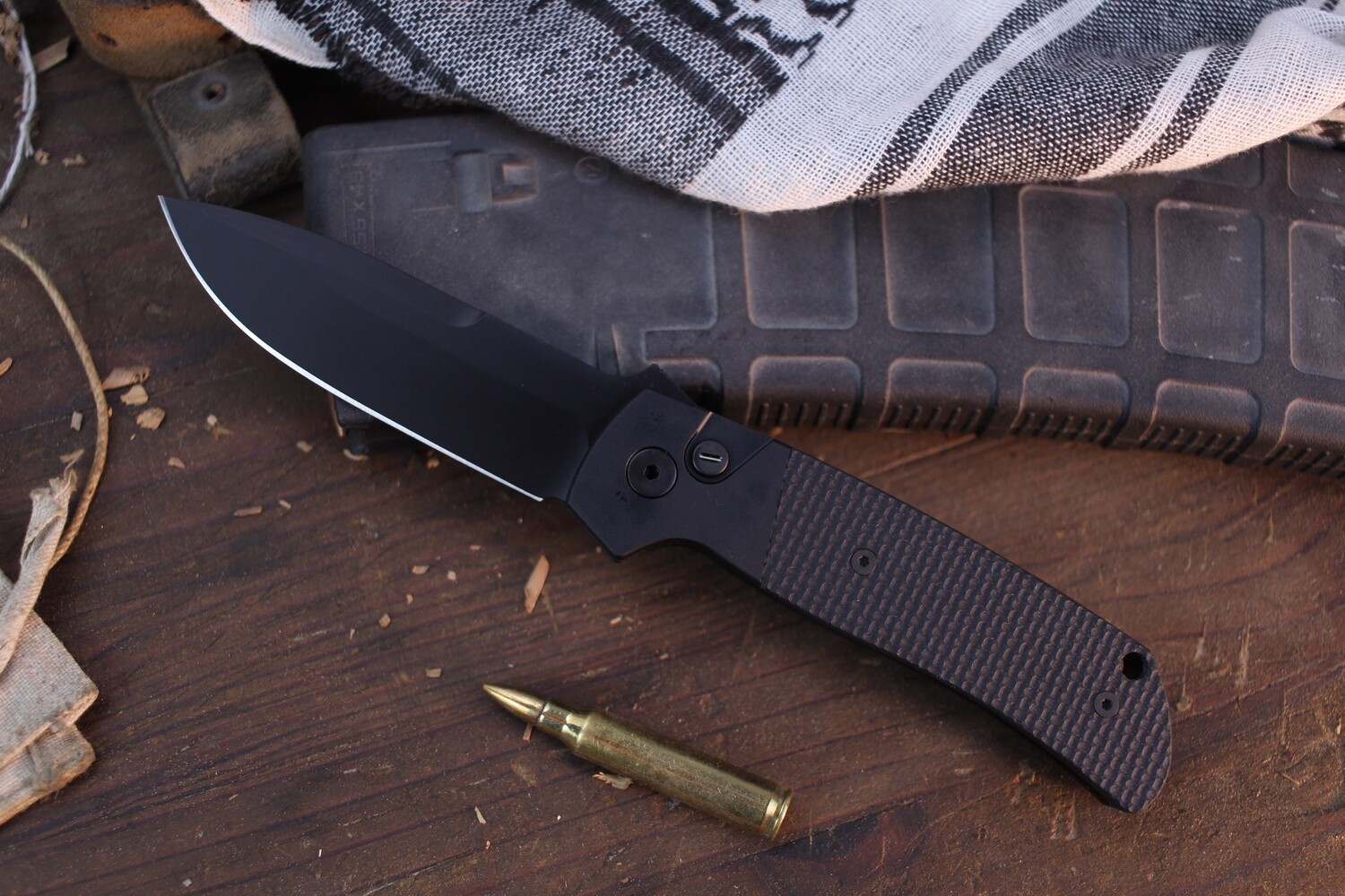 Pro-Tech Terzuola 3.5&quot; AUTO Buttonlock Folder / Textured Black G-10 &amp; Aluminum With Tritium Button / Black Magnacut