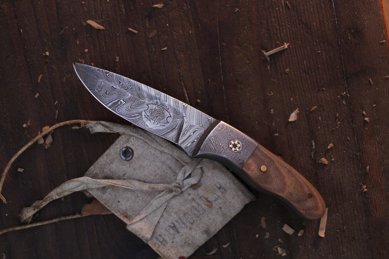 Dennis Jokela Small Skinner 2.5&quot; Fixed Blade / Natural Micarta &amp; Damascus Bolster / Damascus
