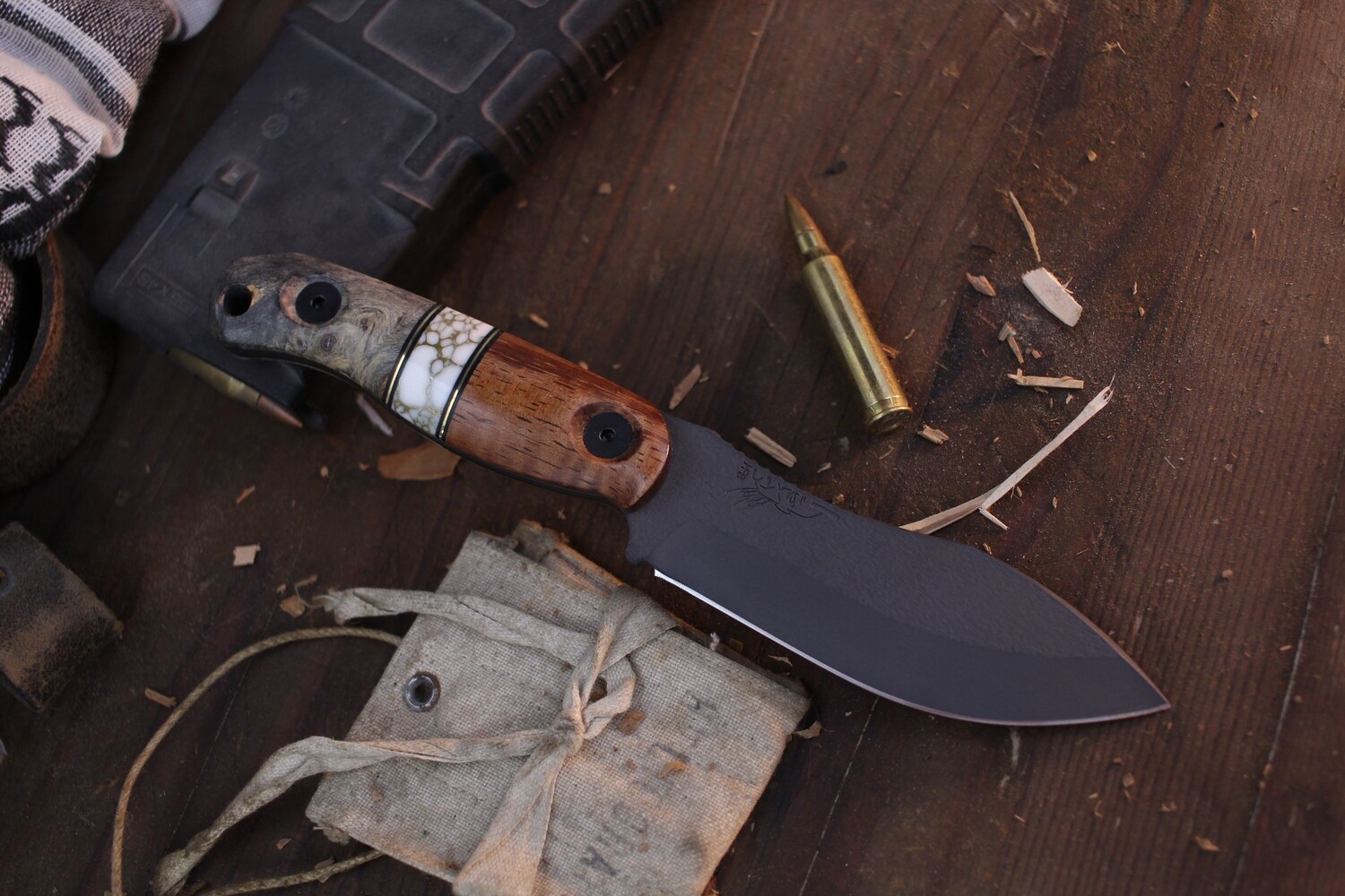 Half Face Blade Skinner Jr. 3.75&quot; Fixed Blade / Mesquite &amp; Buckeye Burl With Brass Tru-Stone / Sniper Grey Cerakote S45VN