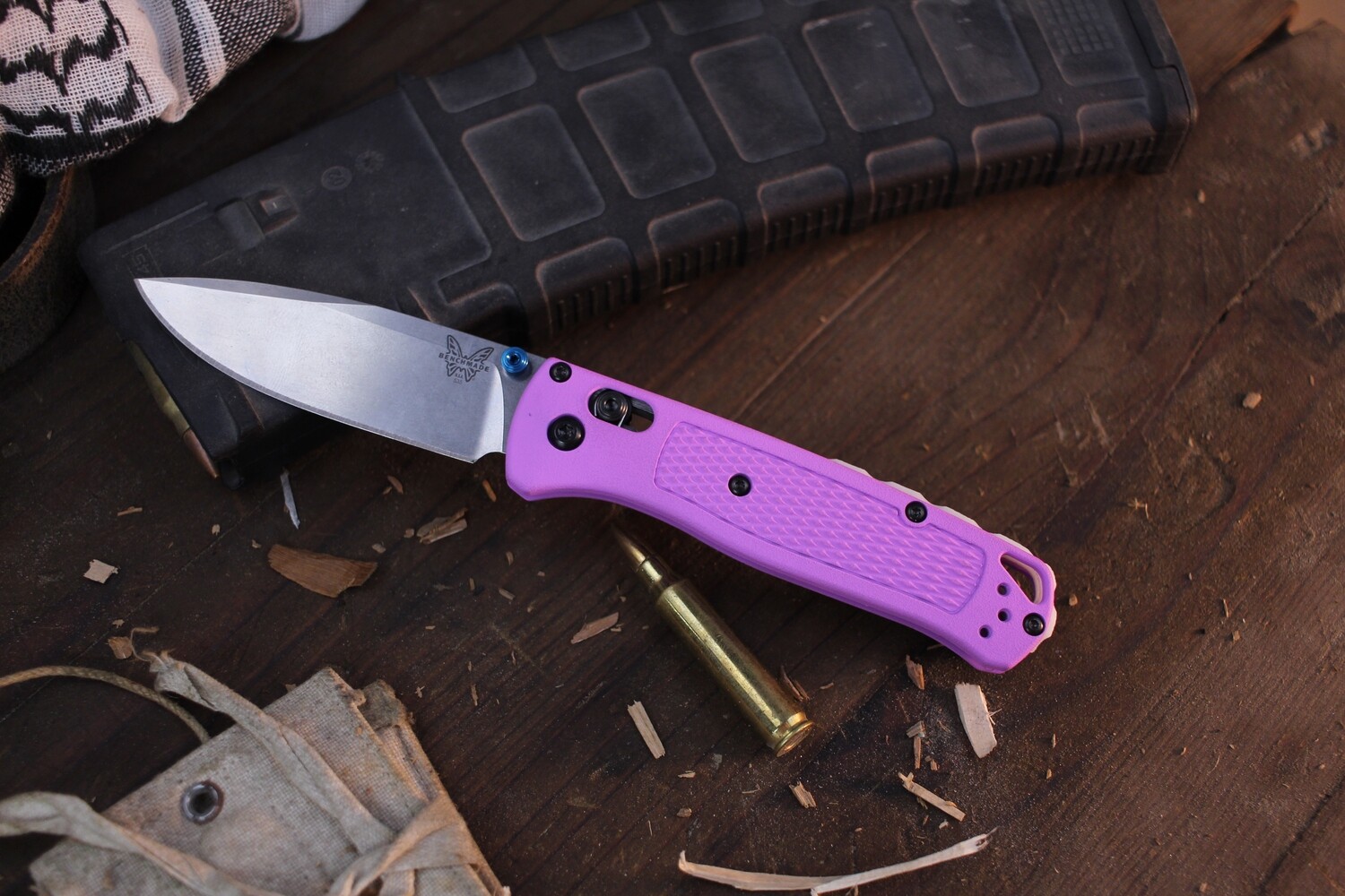 Benchmade NK Custom Bugout 3.24&quot; AXIS Lock Folder / Purplexed Cerakote Grivory &amp; Glow Backspacer / Satin S30V