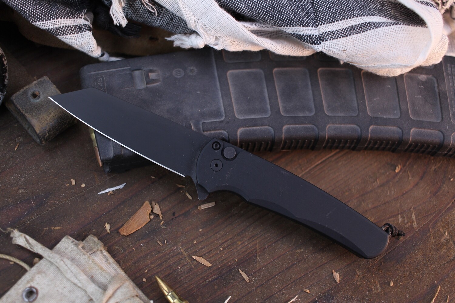 Pro-Tech Malibu 3.3&quot; Reverse Tanto Plunge Lock Flipper / Black Aluminum / Black DLC S45VN ( Pre Owned )