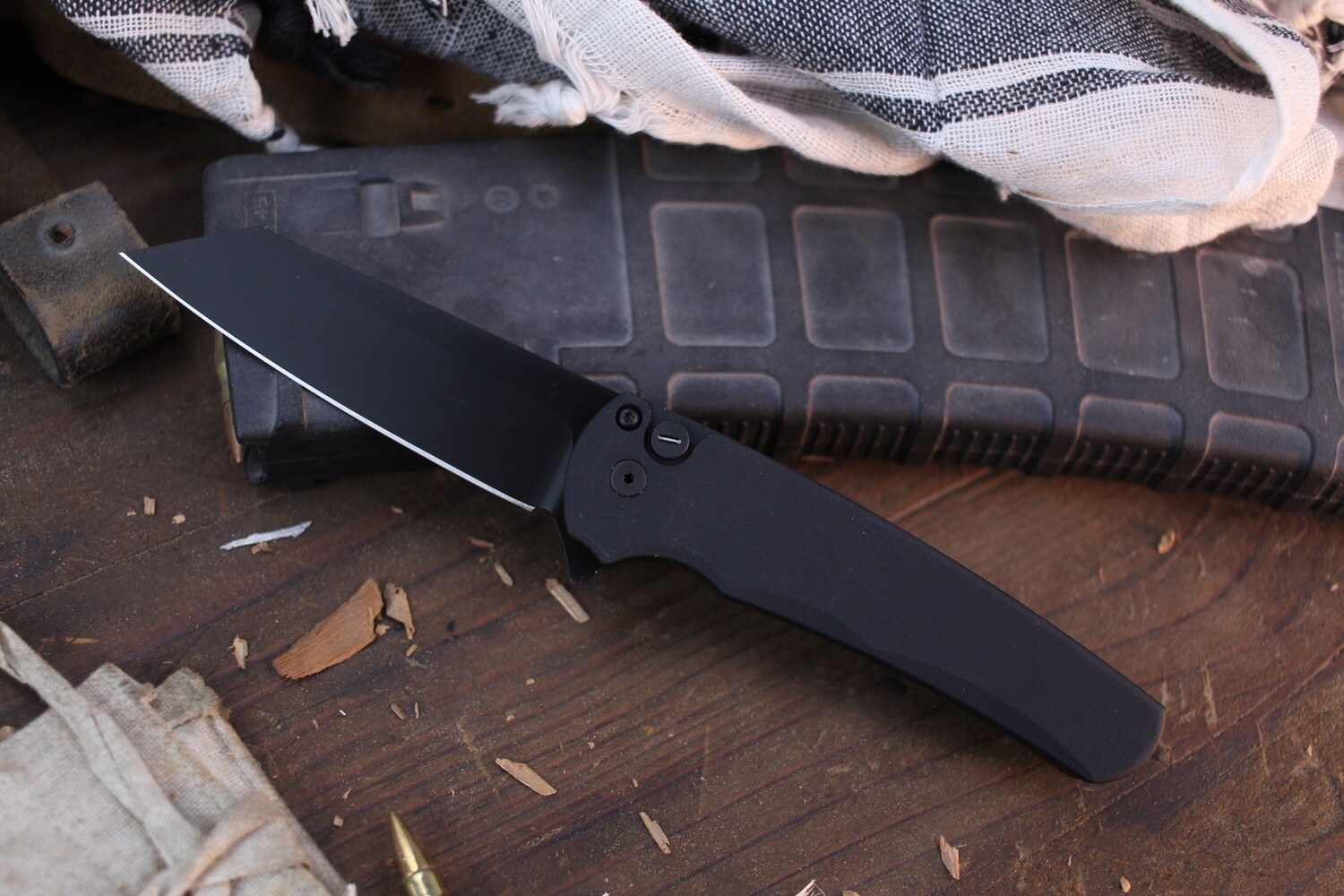 Pro-Tech  Malibu 3.3&quot; Reverse Tanto Plunge Lock Flipper / Black Aluminum &amp; Tritium Button / Black DLC 20CV ( Pre Owned )