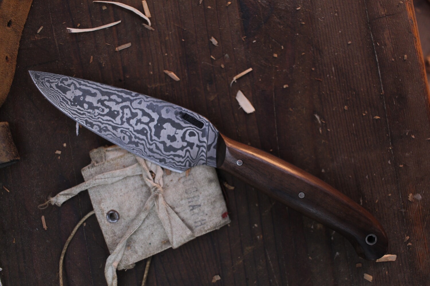 Mark Couch 4.25” Drop Point Hunter / Walnut / Forged Alaskan Damascus
