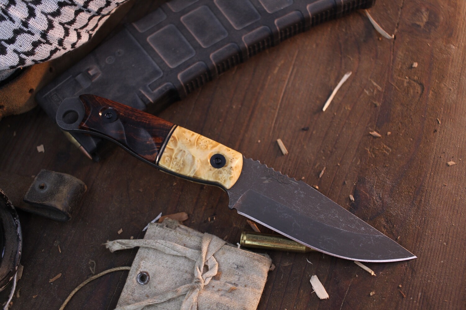 Half Face Blade Crow Jr. 4&quot; Fixed Blade / Ironwood &amp; Box Elder Burl With Bronze Spacer / Acid Washed Magnacut