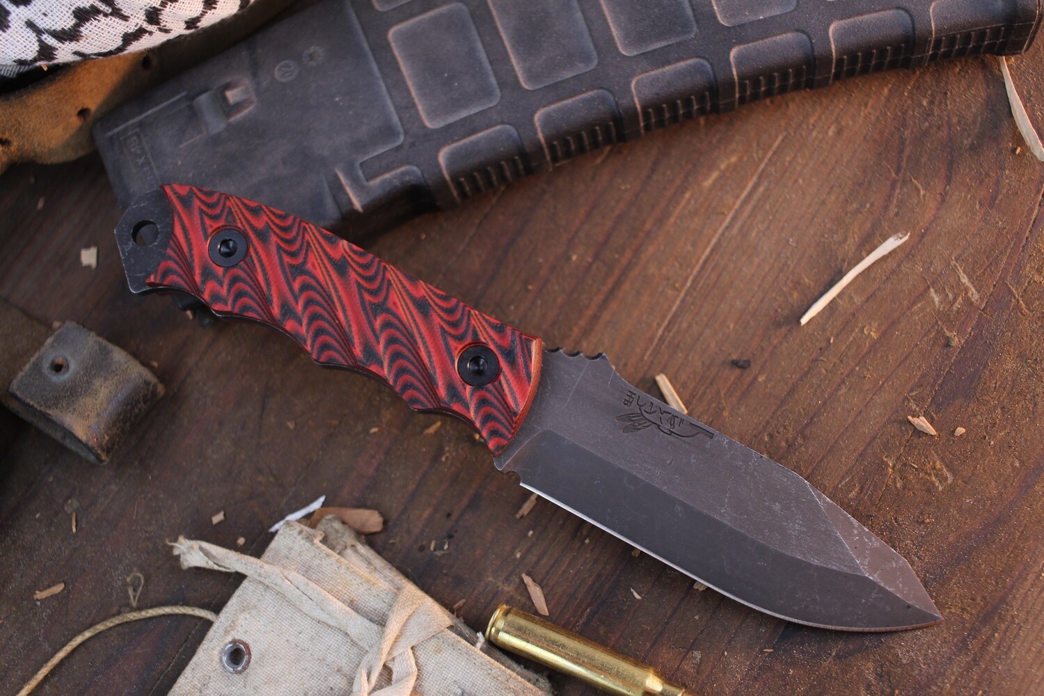 Half Face Blade Disaster Jr. 3.75” Fixed Blade / Contoured Black &amp; Red G-10 / Acid Washed CPM-3V
