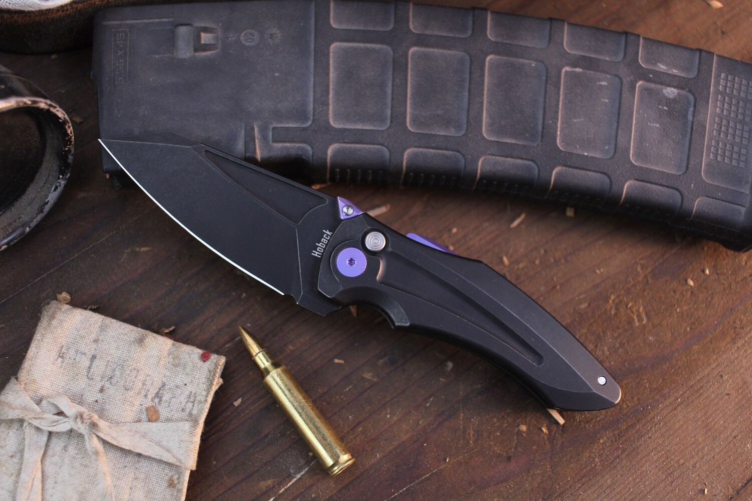 Jake Hoback Knives Sumo 3.25&quot; Button Lock Flipper / Black DLC Titanium With Purple Hardware / Black DLC CPM 20CV ( Pre Owned )