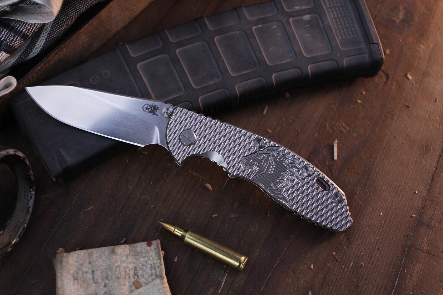 Hinderer XM-18 Slicer 3.5&quot; Framelock Folder / Horse Head Textured Titanium &amp; Stonewashed Titanium / Stonewashed S45VN ( Pre Own
