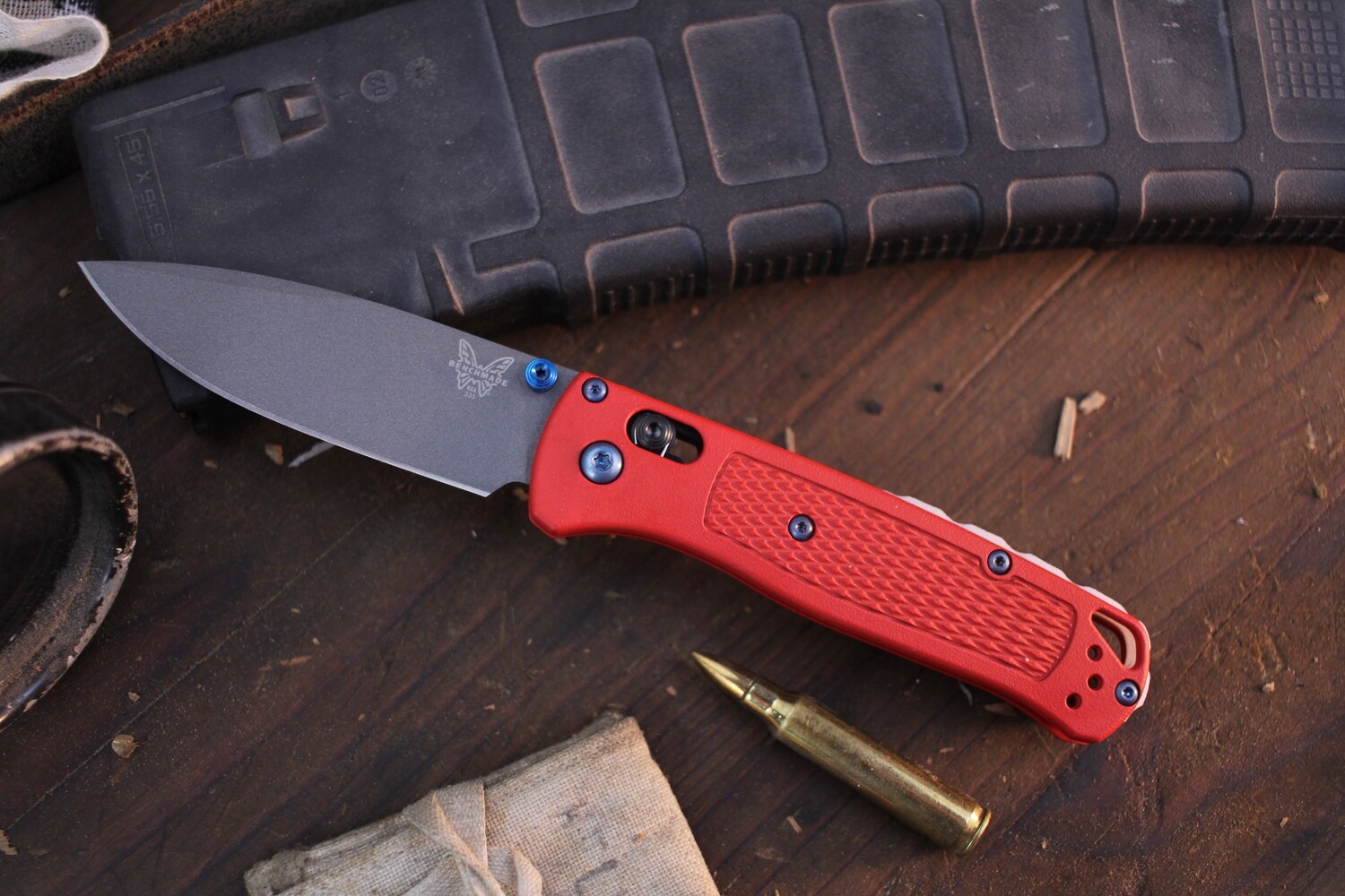 Benchmade NK Custom Bugout 3.24&quot; AXIS Lock Folder / USMC Red Cerakote Grivory &amp; Glow Backspacer With Blue hardware / Grey S30V