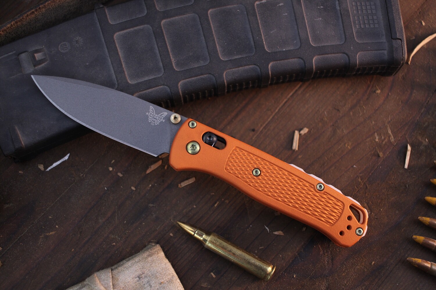 Benchmade NK Custom Bugout 3.24&quot; AXIS Lock Folder / Tequila Sunrise Grivory &amp; Glow Backspacer With Gold hardware / Grey S30V