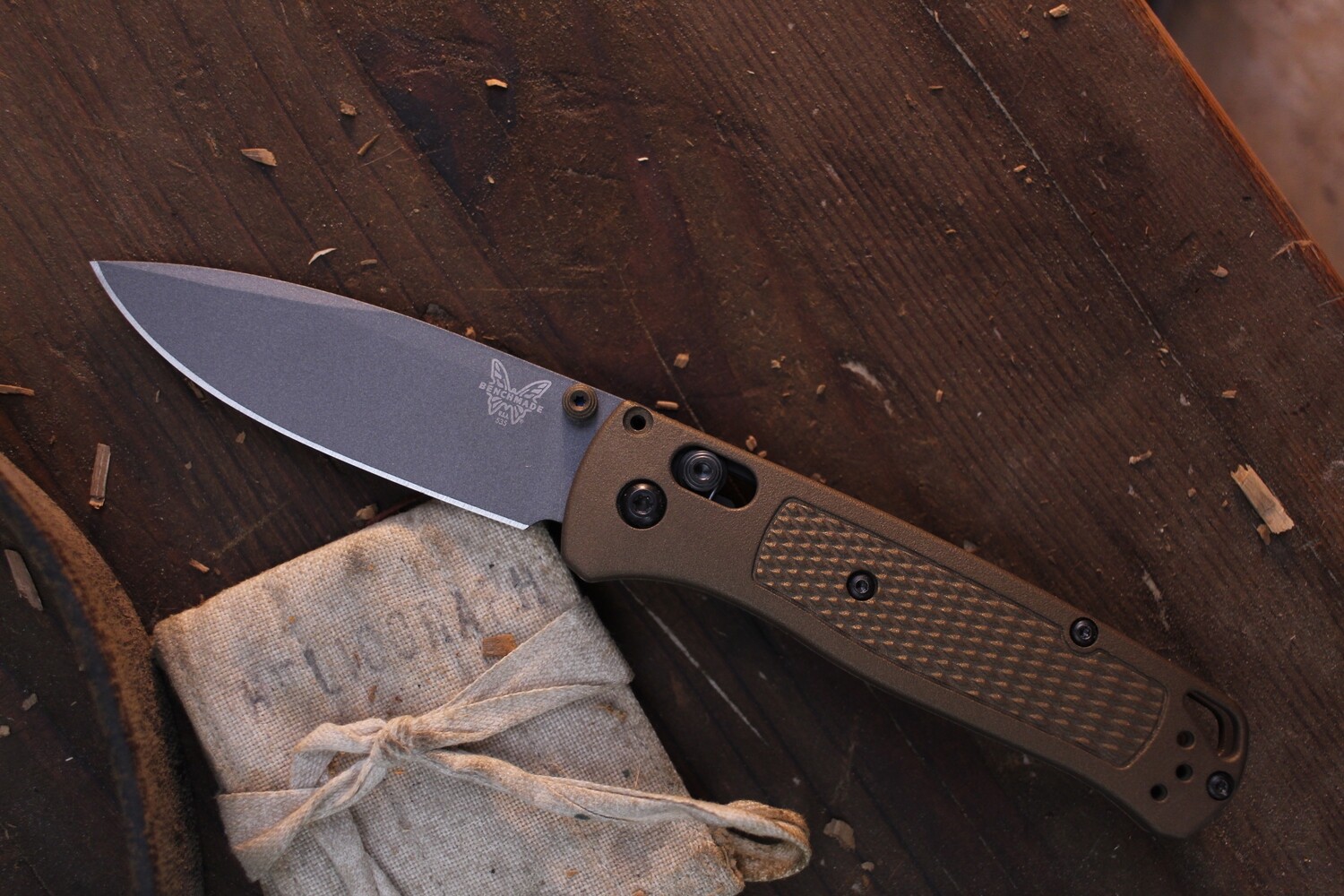 Benchmade NK Custom Bugout 3.24&quot; AXIS Lock Folder / Burnt Bronze Grivory &amp; Thumbstud / Grey S30V