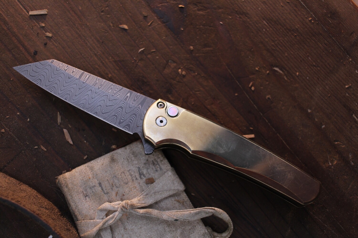 Pro-Tech Malibu 3.3&quot; Reverse Tanto Plunge Lock Flipper / Bronzed Aluminum &amp; Mother Of Pearl Button / Nichols Ladder Dam ( PO )