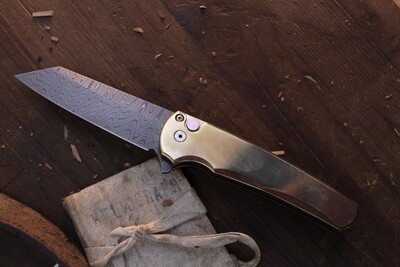 Pro-Tech Malibu 3.3&quot; Reverse Tanto Plunge Lock Flipper / Bronzed Aluminum &amp; Mother Of Pearl Button / Nichols Ladder Dam ( PO )