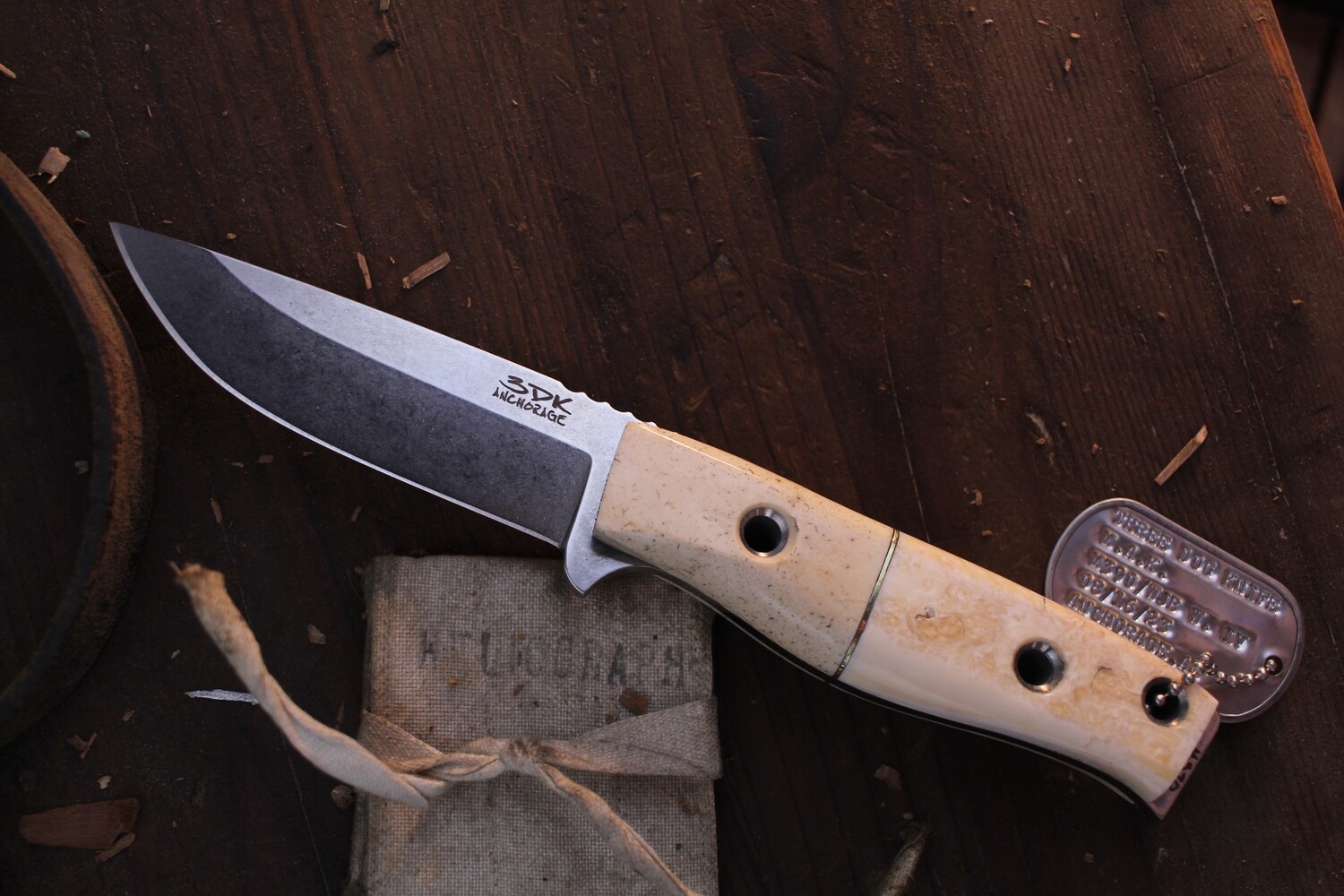 3DK MAK 4&quot; Fixed Drop Point, M390 Blade / Fossilized Walrus Ivory &amp; Walrus Jaw Bone Bolster
