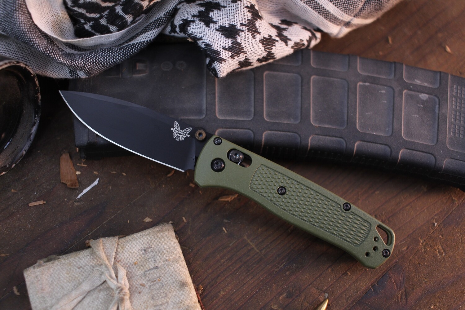 Benchmade NK Custom Bugout 3.24&quot; AXIS Lock Folder /Bazooka Green Grivory &amp; Burnt Bronze Thumbstud / Black S30V