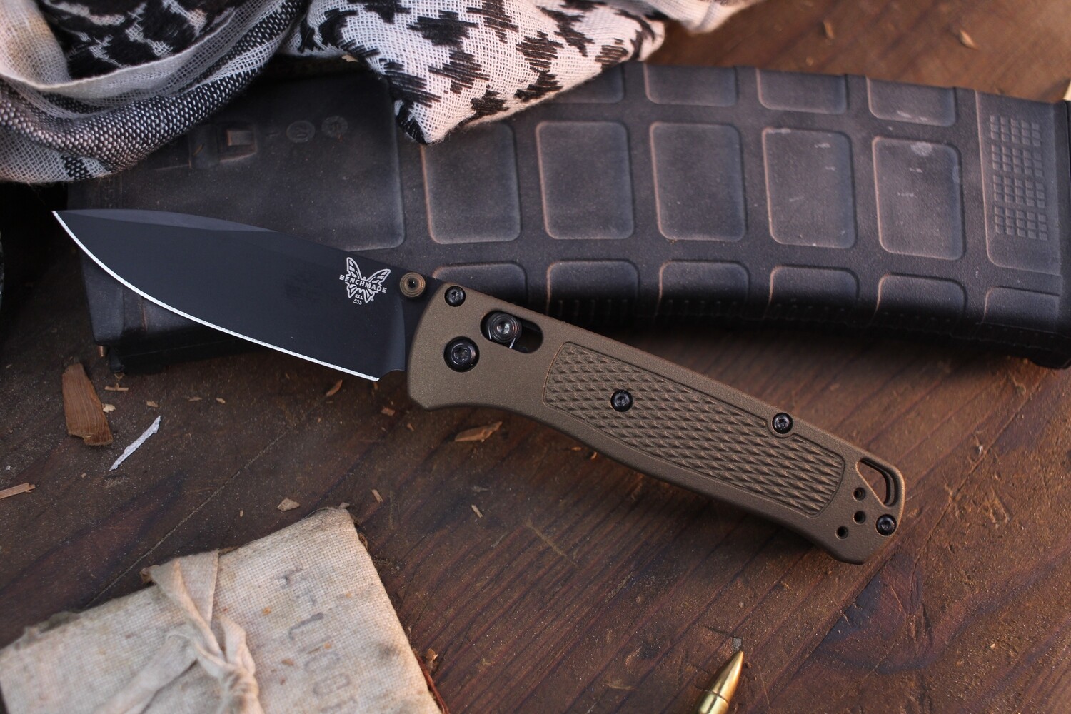 Benchmade NK Custom Bugout 3.24&quot; AXIS Lock Folder / Burnt Bronze Grivory &amp; Burnt Bronze Thumstud / Black S30V