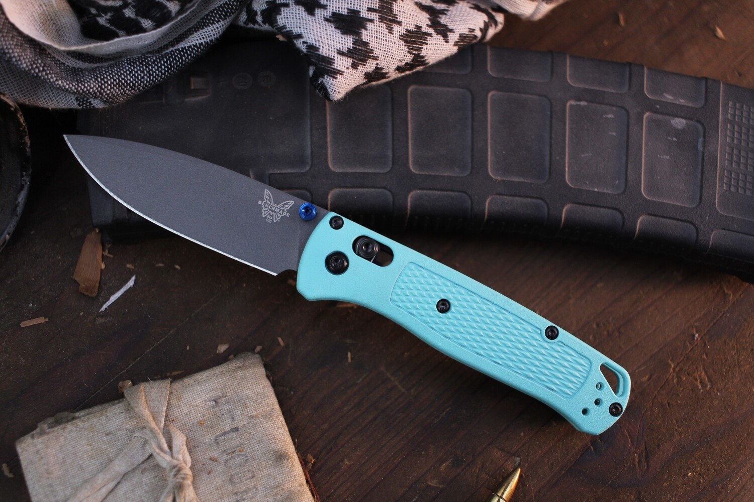 Benchmade NK Custom Bugout 3.24&quot; AXIS Lock Folder / Robbins Egg Grivory &amp; Grey Clip With Blue Thumbstud / Grey S30