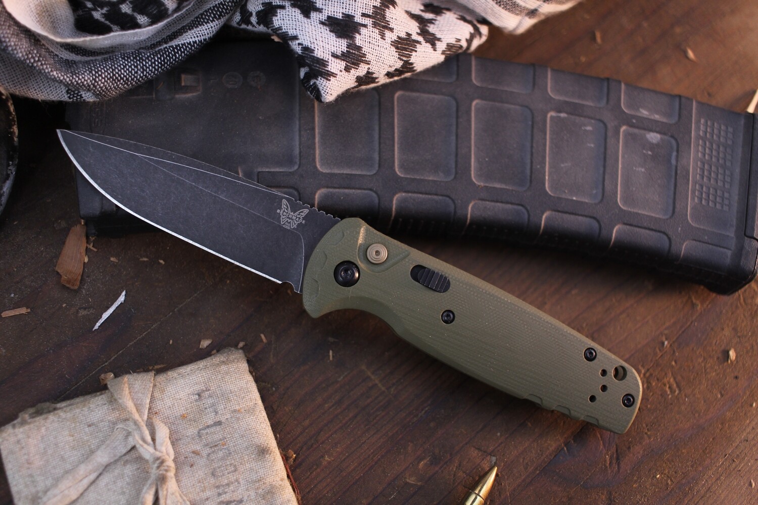 Benchmade CLA 3.4&quot; Plungelock Auto Folder / OD Green G-10 &amp; Bronze Hardware / DLC Blackwashed MagnaCut