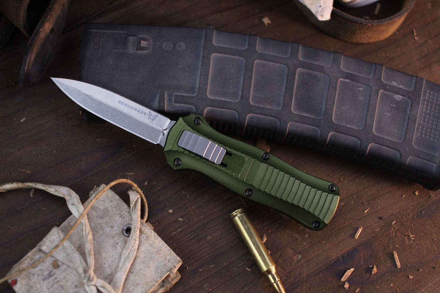 Benchmade Limited Edition Mini Infidel 3.10&quot; D/A OTF / Woodland Green Aluminum / Satin S30V ( Discontinued )