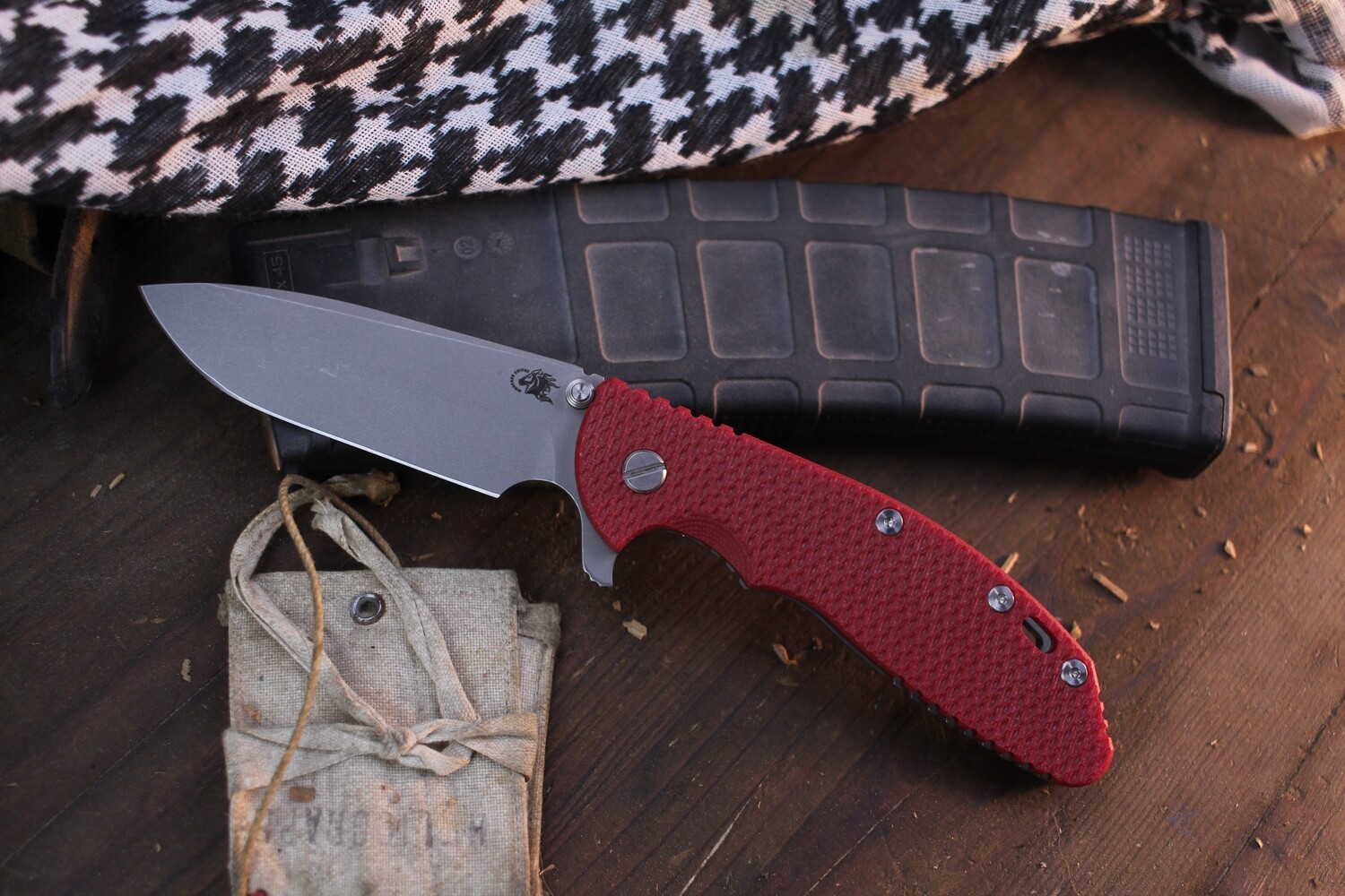 Hinderer Knives XM-24 Spanto 4&quot; Framelock Flipper /  Red G-10 &amp; Working Finish Titanium / Working Finish S45VN