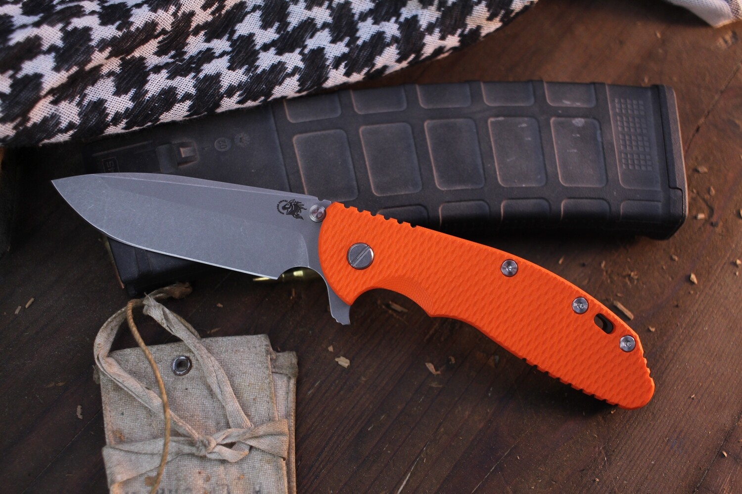 Hinderer Knives XM-24 Spanto 4&quot; Framelock Flipper /  Orange G-10 &amp; Battle Bronze Titanium / Stonewashed S45VN