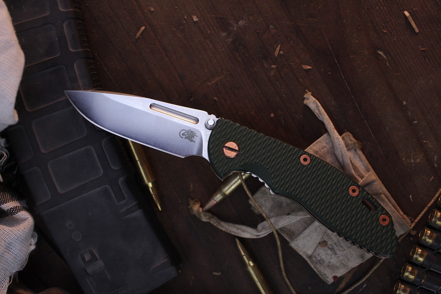 Hinderer Knives XM-18 3&quot; Non-Flipper Framelock / Highland Green G10 With Copper Liner &amp; Hardware / Stonewashed M390 ( Pre Owned