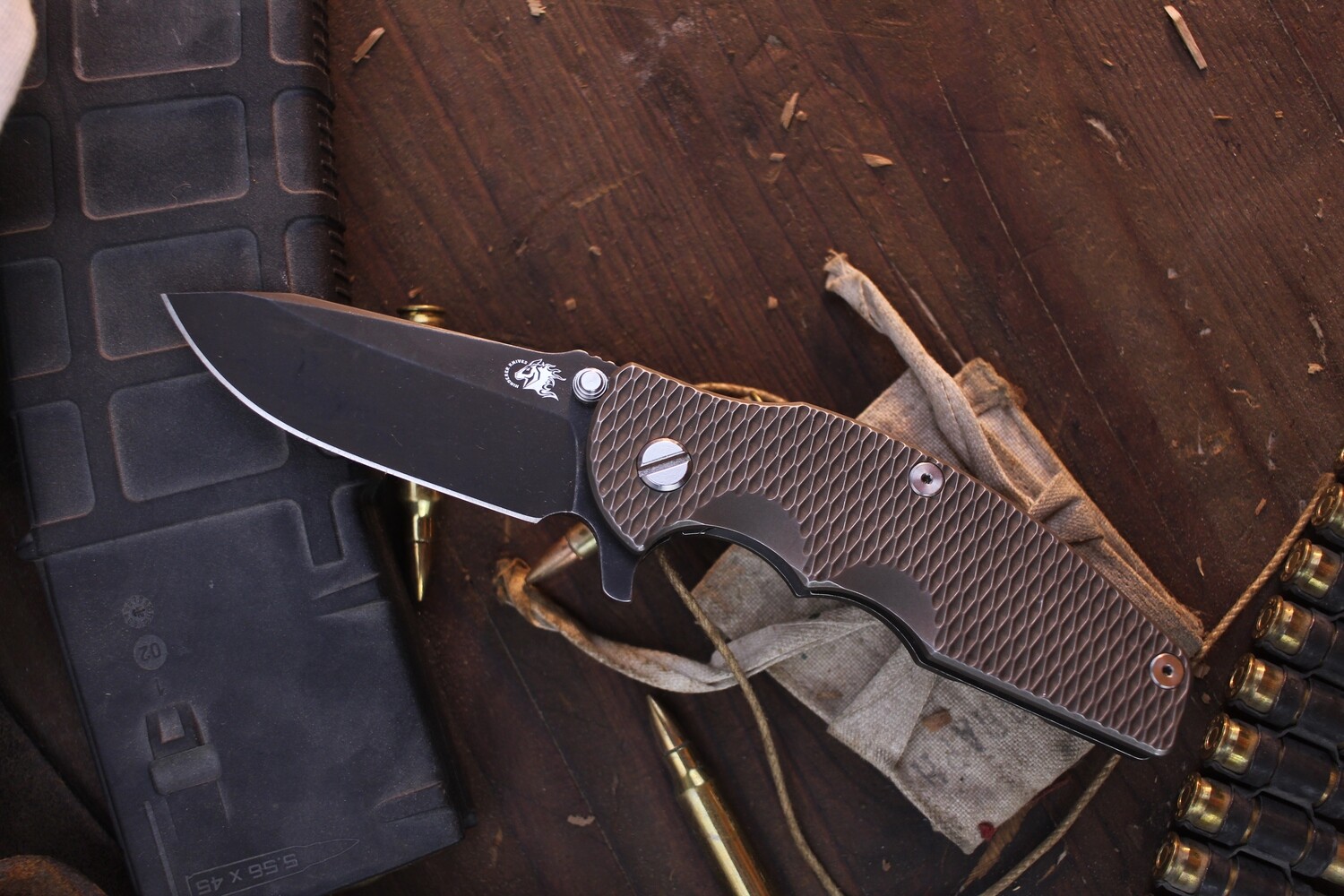 Hinderer Knives Jurassic 3.5&quot; Flipper / Battle Black Titanium &amp; Battle Bronze hardware / Black 20CV Spearpoint ( Pre Owned )