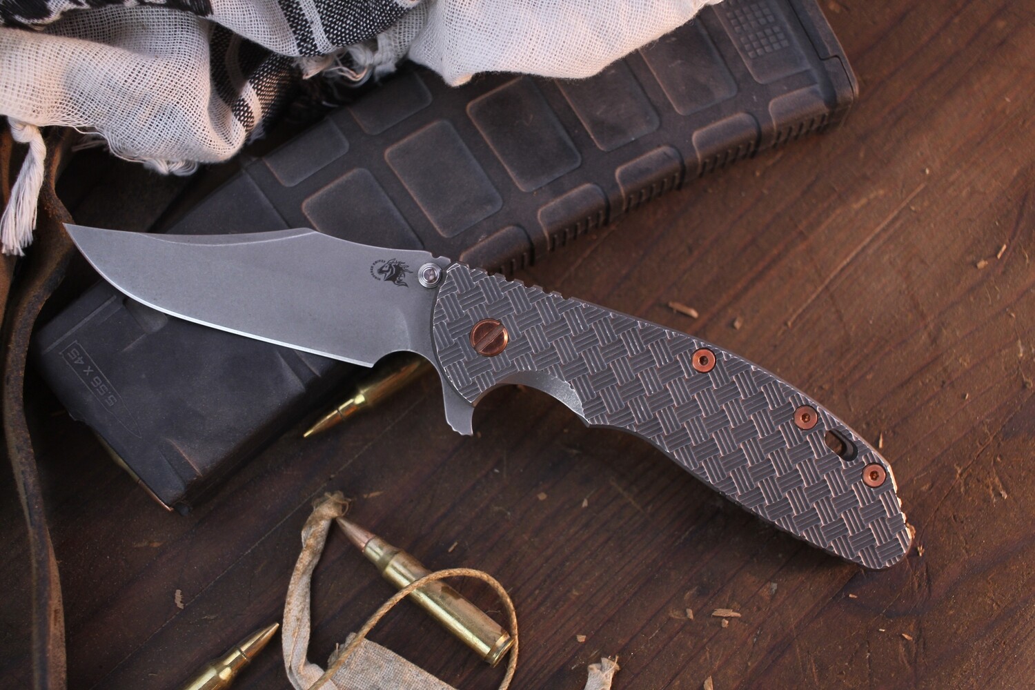 Hinderer Knives XM-24 4&quot; Framelock Flipper / Midnight Sun Ti Scale &amp; Copper Hardware / Working Finish 20CV Bowie ( Pre Owned )