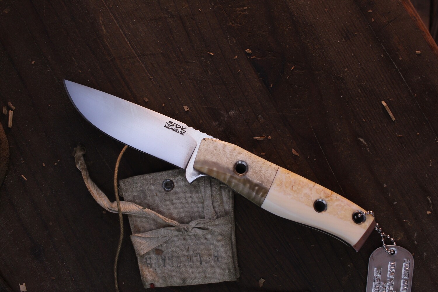 3DK MAK 4&quot; Fixed Drop Point, K110 Blade / Fossilized Walrus Ivory &amp; Musk Ox Bolster