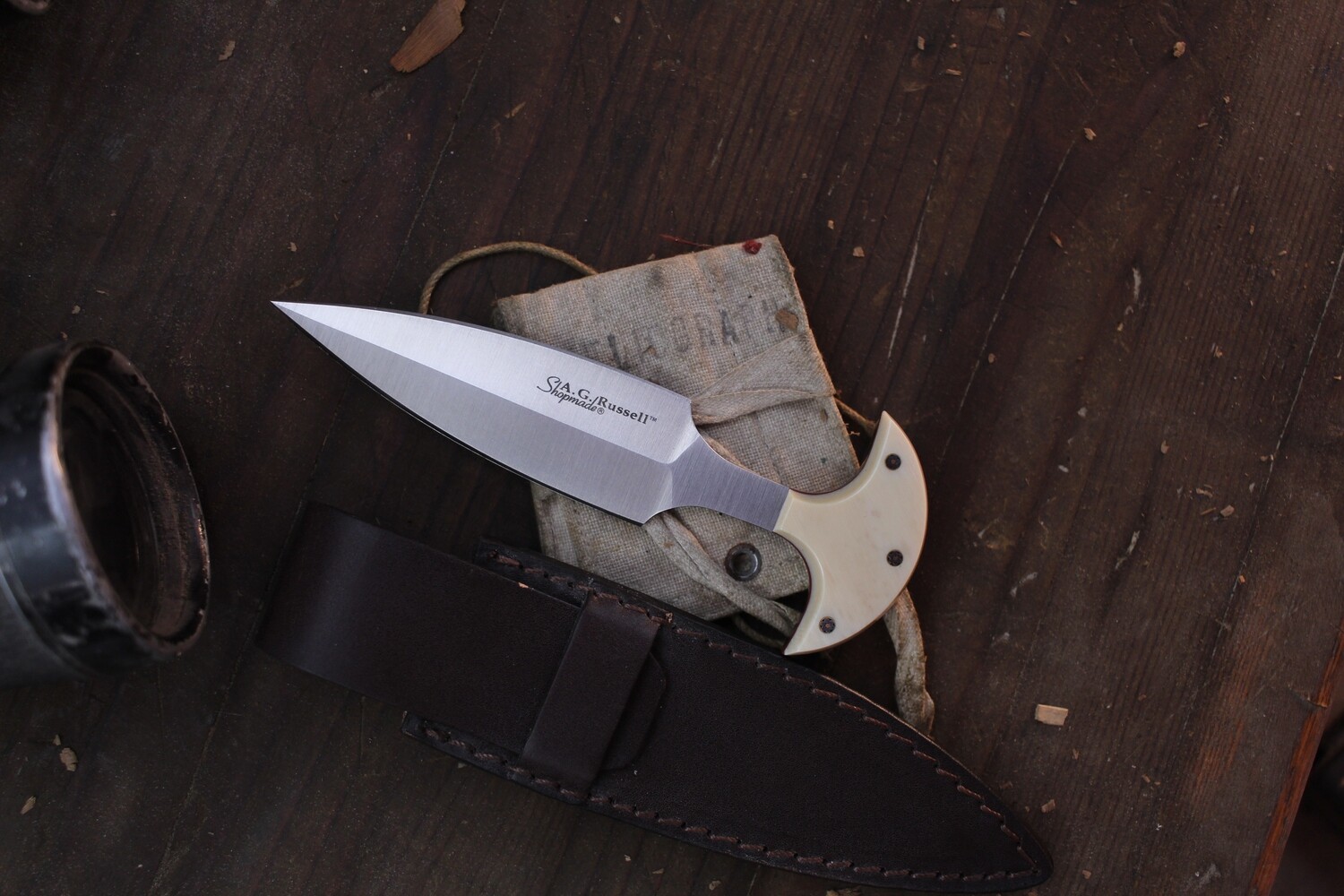 A. G. Russell Shopmade 3.5&quot; Push Dagger / Mammoth Ivory &amp; Mosaic Pins / Satin 154CM ( Pre Owned )