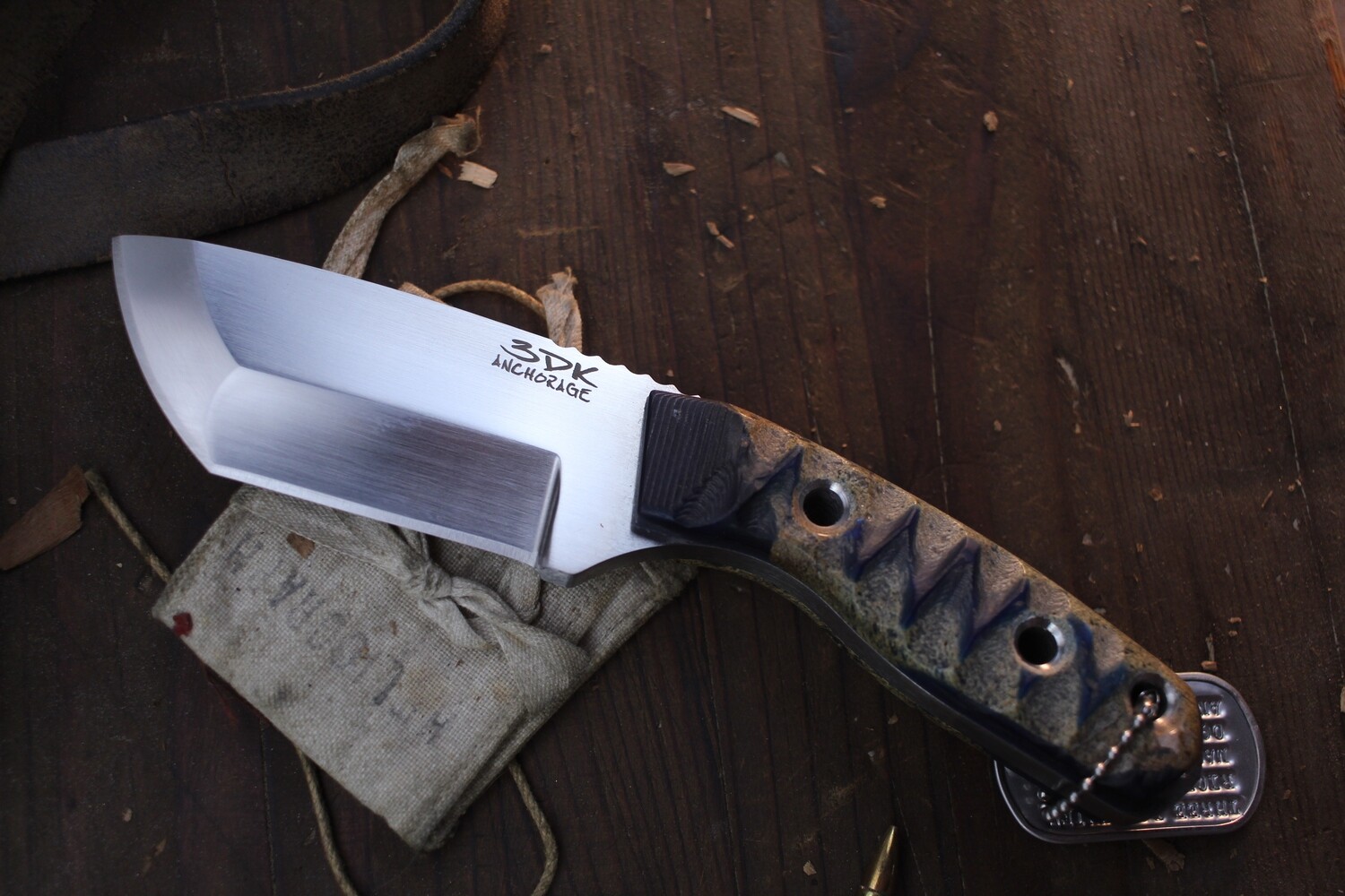 3DK Custom Riot 3.7&quot; Fixed Tanto Point, MagnaCut Convex Hand Ground Blade / Stabilized Whale Bone Handle