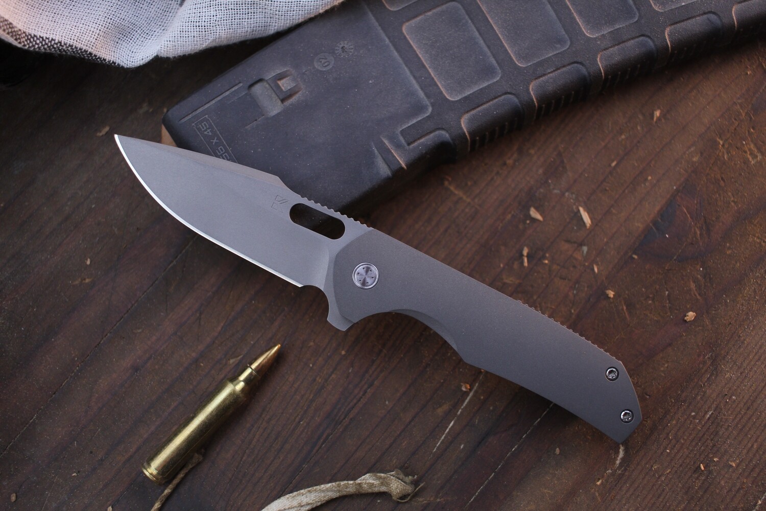 Kody Eutsler Custom Pocket Chub 2.875&quot; Framelock Flipper / Bead Blasted Titanium / Bead Blasted CPM-154 ( Pre Owned )