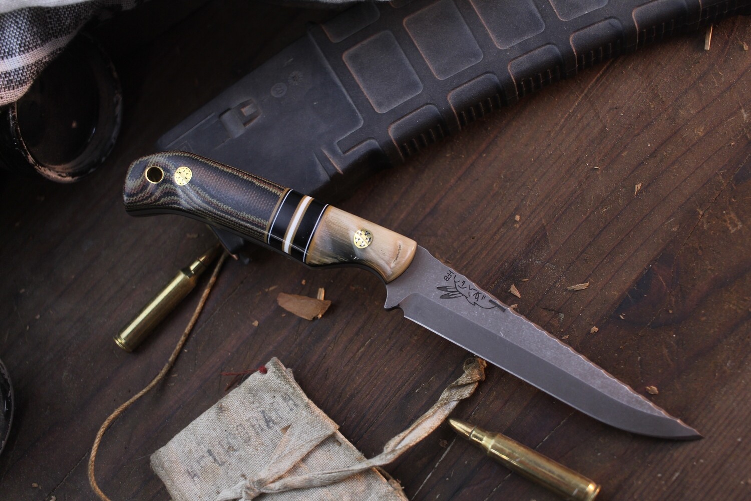 Half Face Blade Boogeyman 4.125&quot; Fixed Blade / Rams Horn Bolster &amp; Micarta Scales / Rock Worked Acid Washed MagnaCut