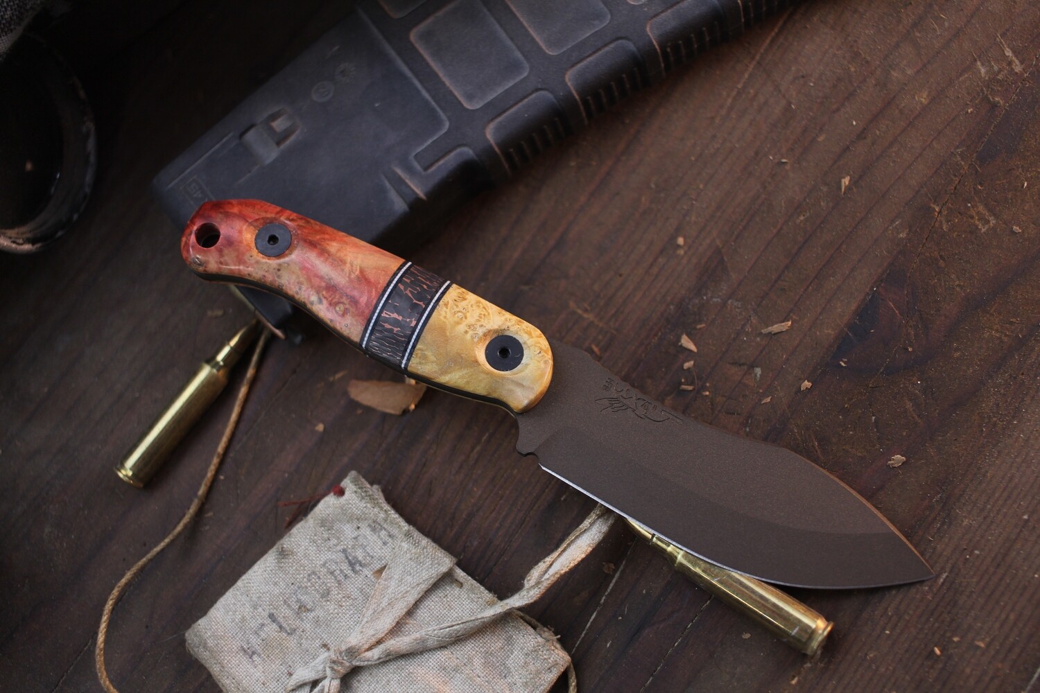 Half Face Blade Skinner Jr. 3.75&quot; Fixed Blade / Box Elder Burl &amp; Carbon Fiber Spacer / Bronze Cerakote MagnaCut