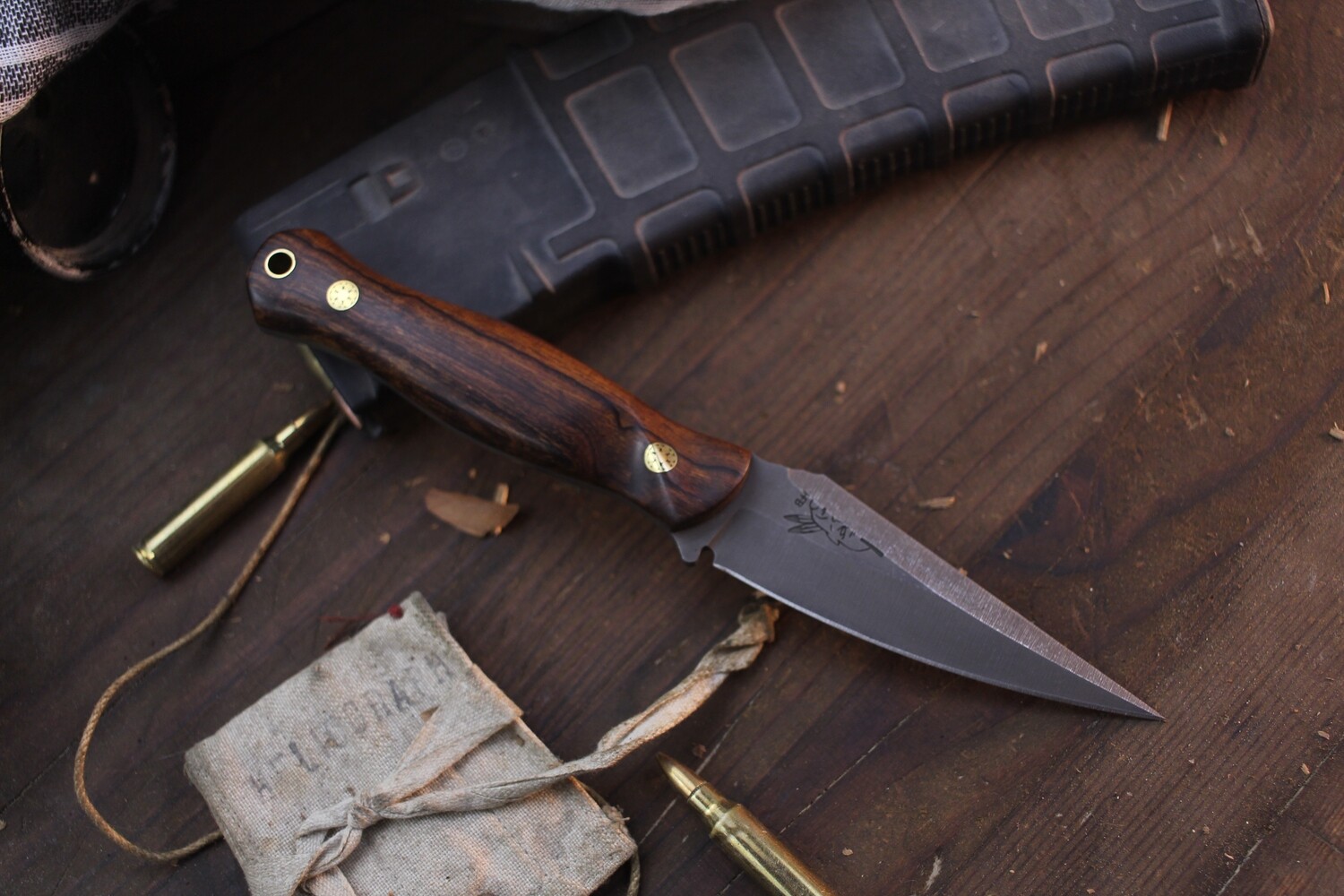 Half Face Blade Enforcer 3.75&quot; Fixed Blade / Desert Ironwood / Acid Washed Rockworked MangnaCut