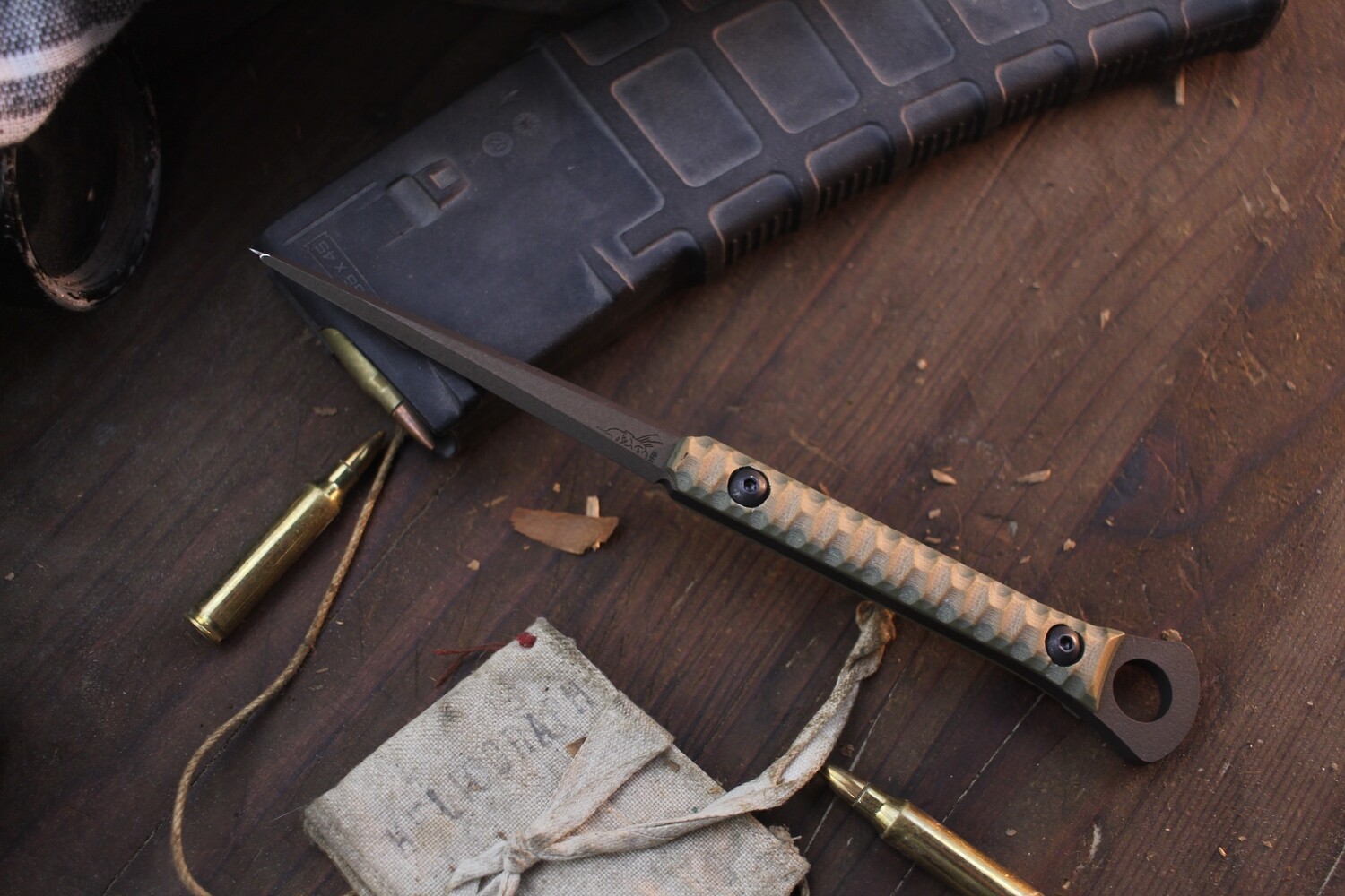 Half Face Blades Cardiac Spike 3.8” Tactical Spike / OD Green &amp; Tan G-10 / Bronze Cerakote O1
