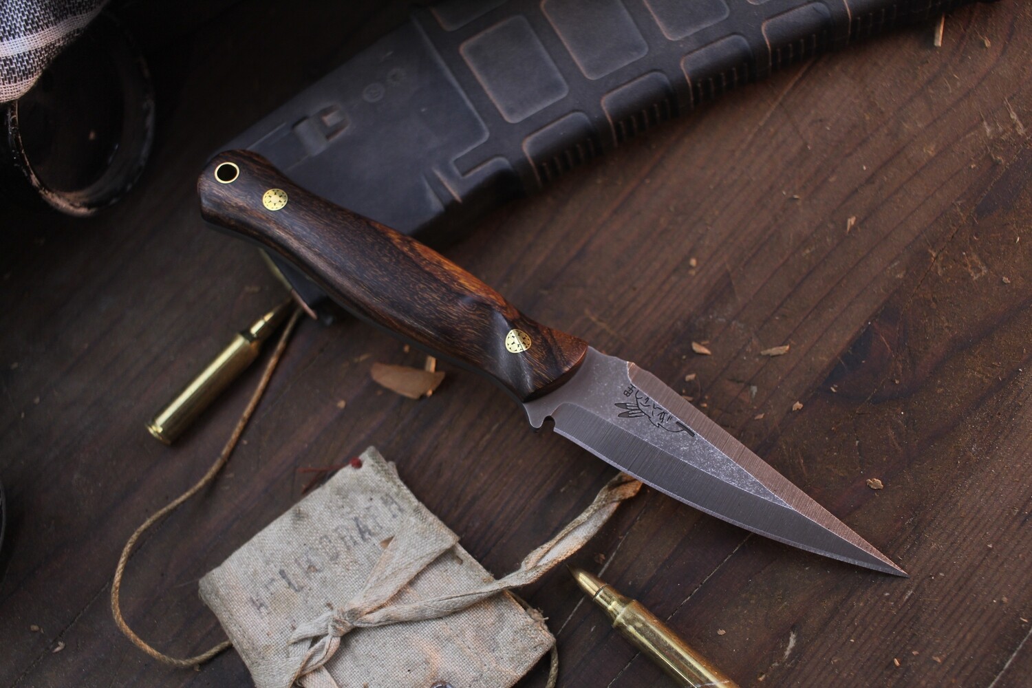 Half Face Blade Enforcer 3.75&quot; Fixed Blade / Desert Ironwood / Acid Washed Rockworked MangnaCut.