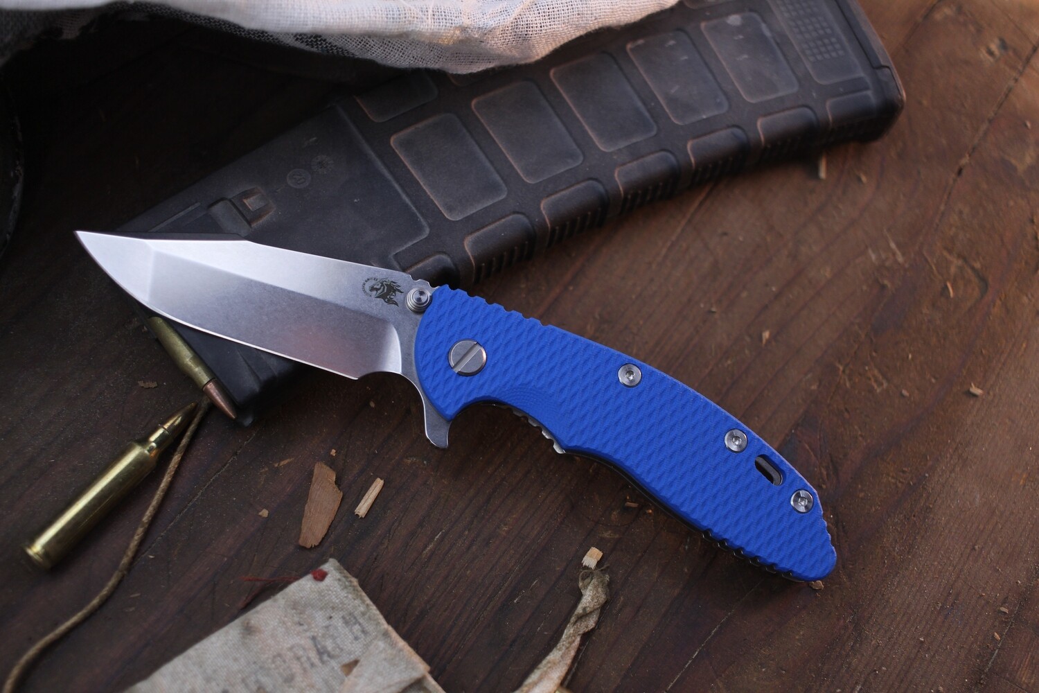 Hinderer XM-18 3.5&quot; Framelock Flipper / Blue G-10 &amp; Stonewashed Titanium / Stonewashed S45VN Spanto