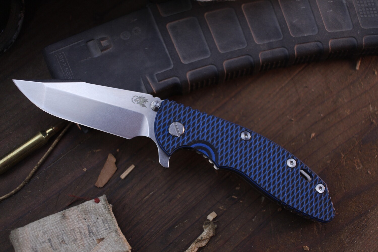 Hinderer XM-18 3.5&quot; Framelock Flipper / Black &amp; Blue G-10 With Stonewashed Titanium / Stonewashed S45VN Spanto