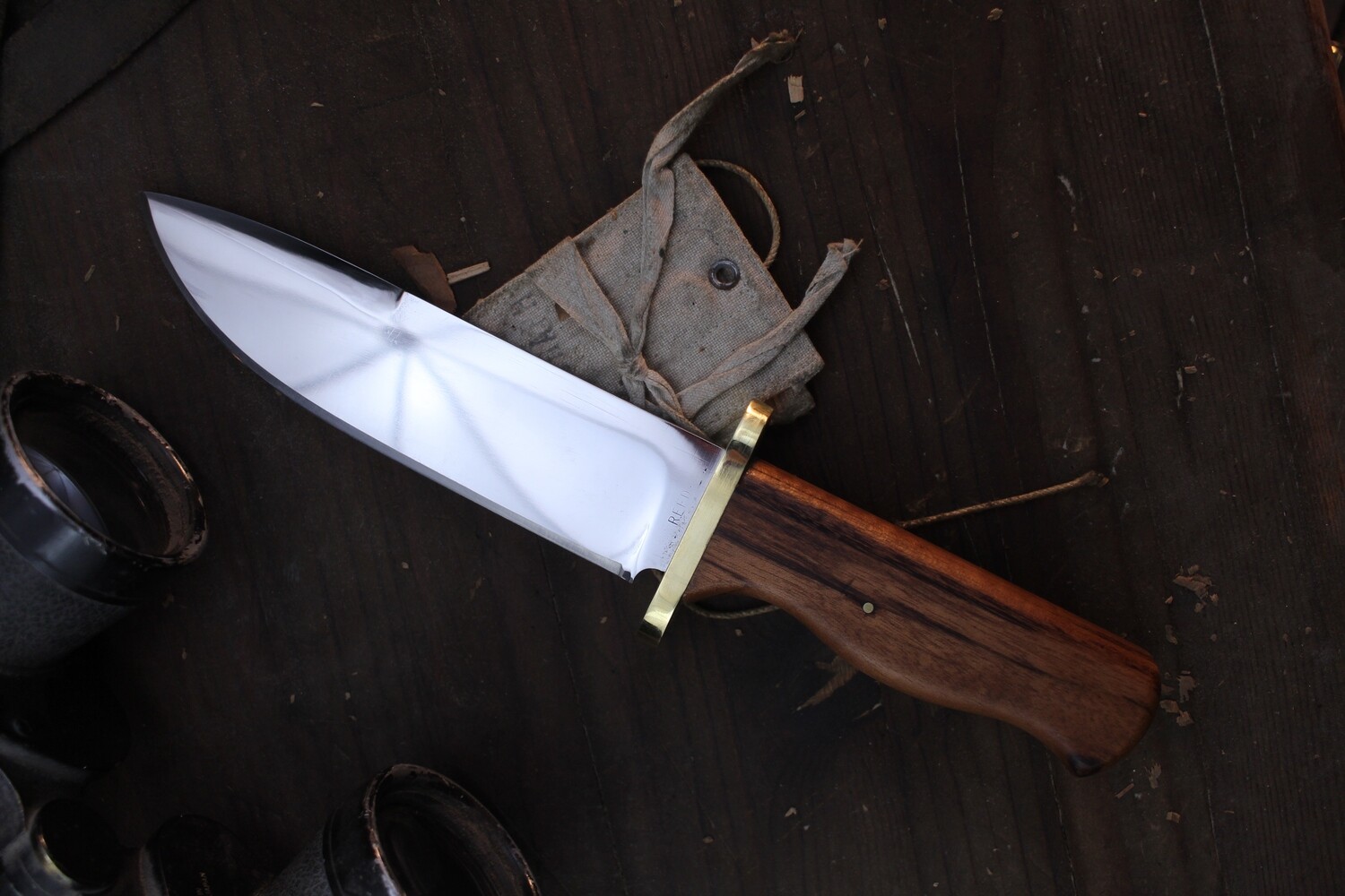 David Reed Backwoods Fighter 6.25&quot; Fixed Blade / Tiger Wood  &amp; Brass Double Guard / Satin D2