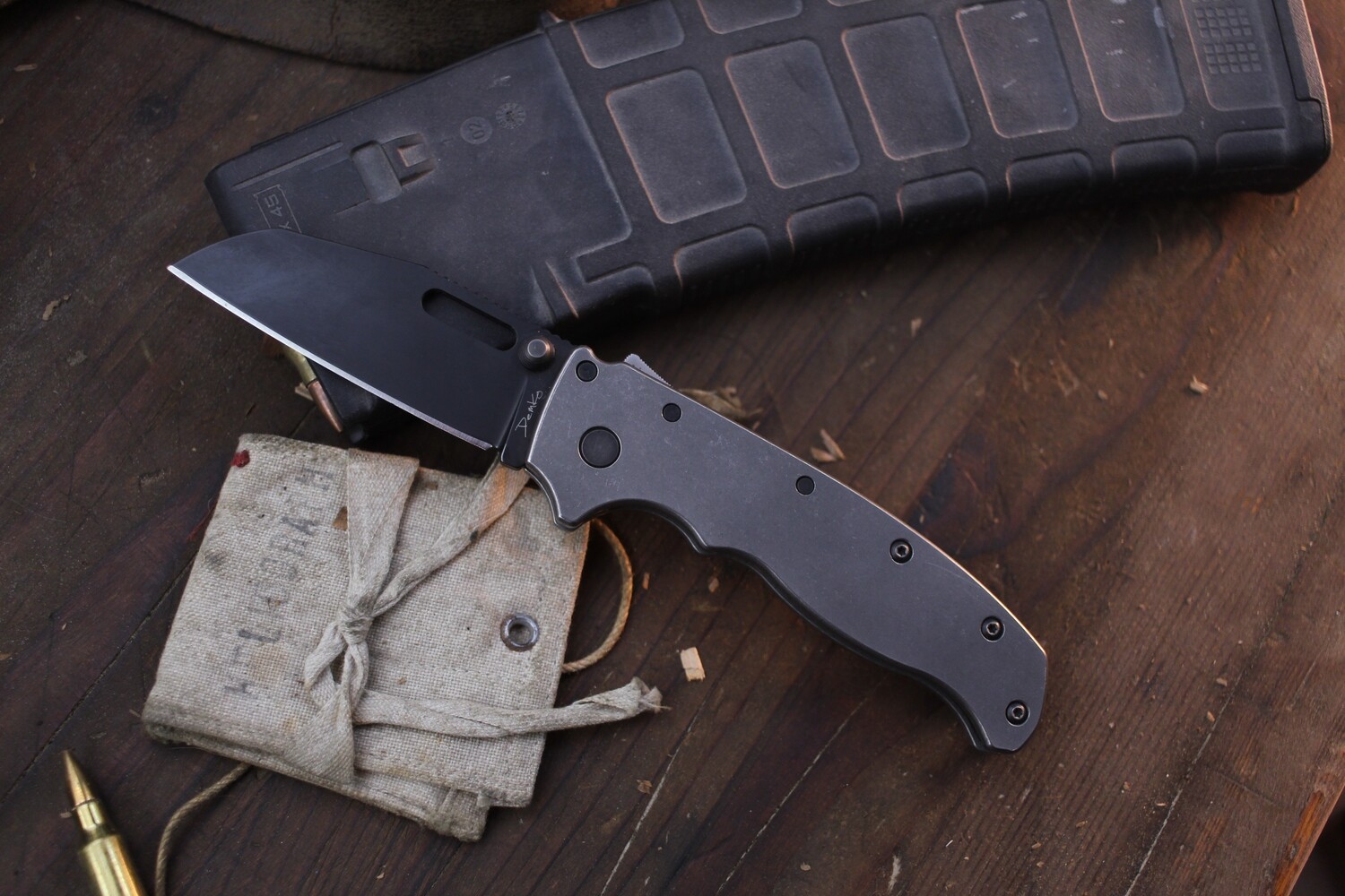 Demko Knives AD 20.5 3.2&quot; Shark Lock Knife / Titanium / Black AUS10 / Skiff Bearings ( Pre Owned )