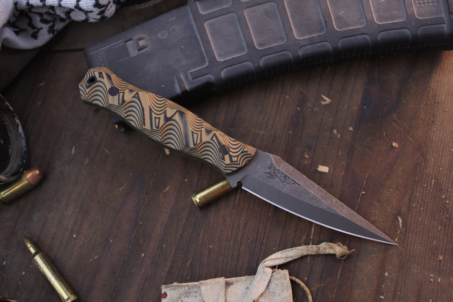 Half Face Blade Enforcer 3.75&quot; Fixed Blade / Tan &amp; Black G-10 / Acid Washed MangnaCut