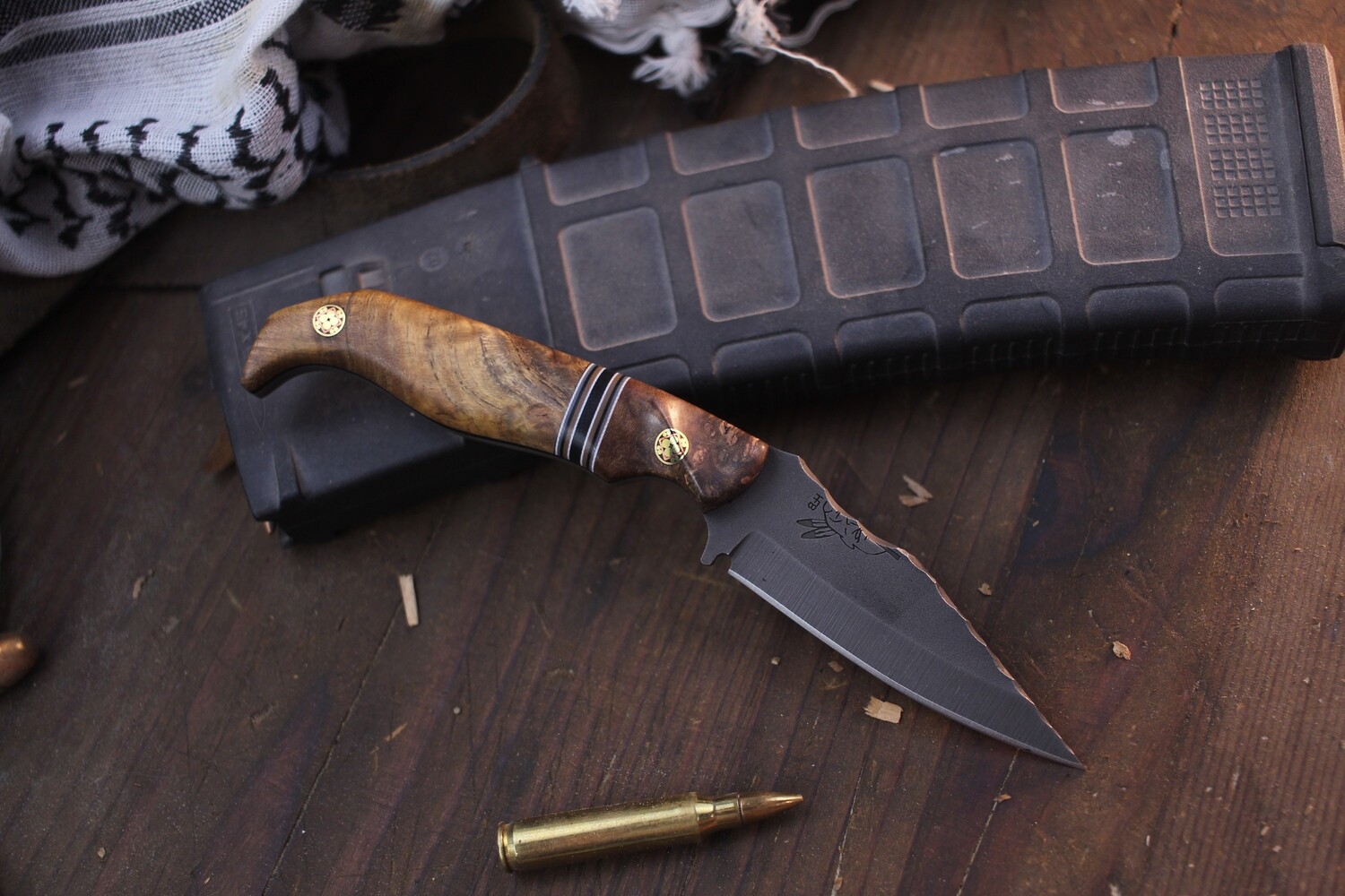 Half Face Blade EDC 3&quot; Fixed Blade / Buckeye Burl &amp; Teak  / Acid Washed Rockworked S45VN
